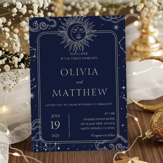 天の神秘的な星空の夜月の結婚星 招待状