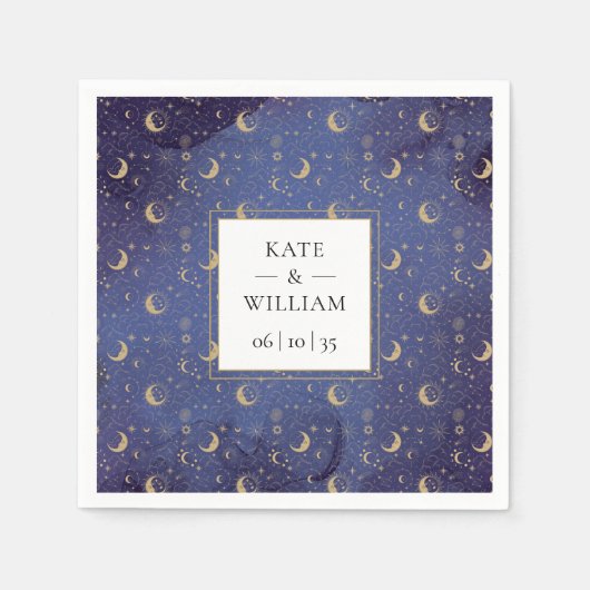 天の神秘的な金ゴールドの月と星結婚の スタンダードカクテルナプキン (正面)