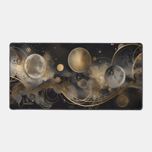 天の神秘的な黒い金ゴールドパーソナライズされた名 デスクマット (正面)