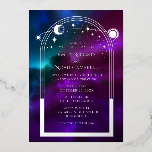天の紫と青緑の銀のモダンエレガント箔 箔招待状 (正面)
