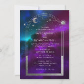 天の紫と青緑の銀の太陽と月と星のエレガント 招待状 (正面)