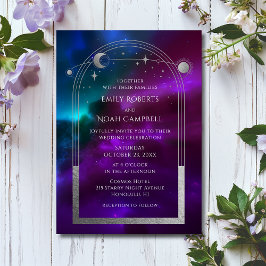 天の紫と青緑の銀の太陽と月と星のエレガント 招待状