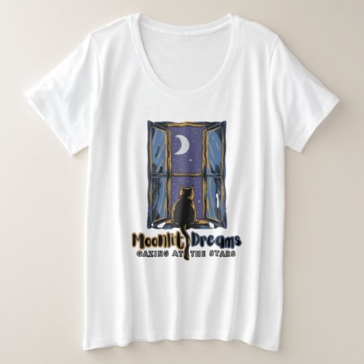 天の視線：黒猫と三日月 プラスサイズTシャツ (デザイン正面)