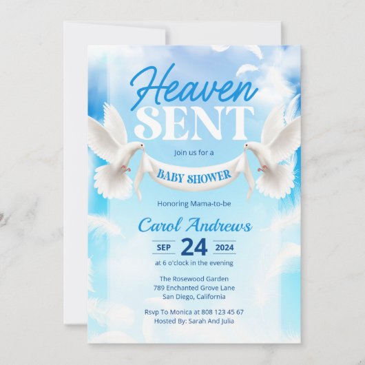 天の贈り物 青と白の鳩のベビーシャワー 招待状 (正面)