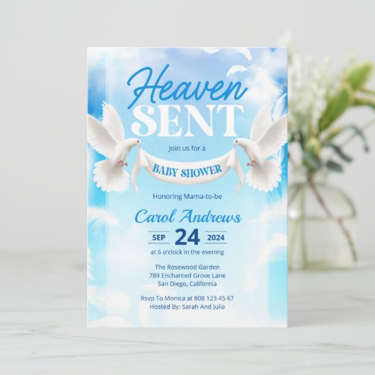天の贈り物 青と白の鳩のベビーシャワー 招待状 (スタンド正面)