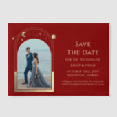 天の赤い金ゴールド写真の結婚式の日付を保存 ベラム紙招待状 (正面)