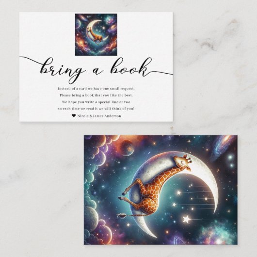 天の赤ちゃんキリンが本を持ってやってくるベビーシャワー エンクロージャーカード (正面/裏面)