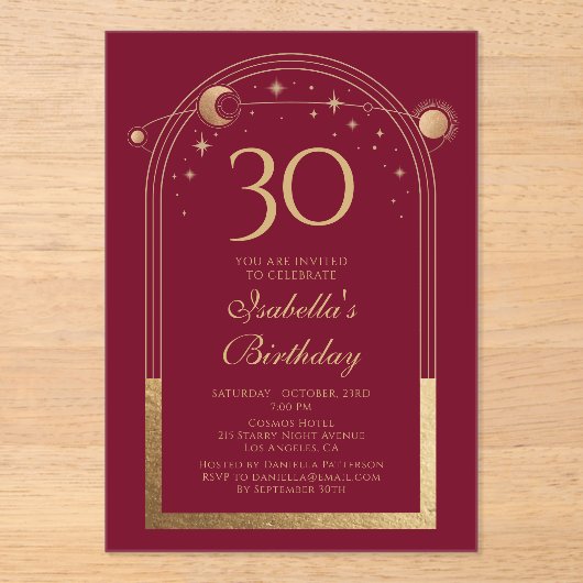天の赤金ゴールド太陽の月の星30th誕生日 アクリル招待状 (正面)