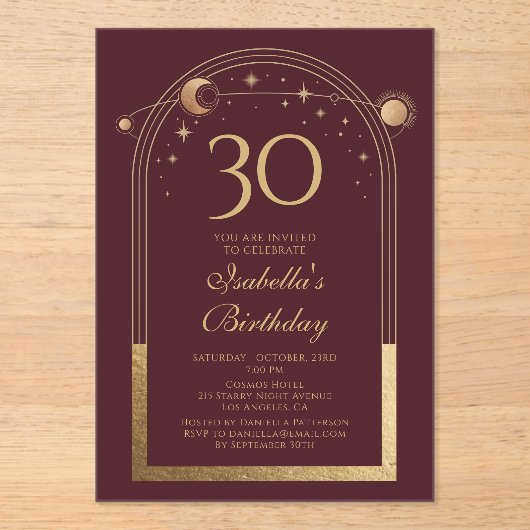天の赤金ゴールド太陽の月の星30th誕生日 アクリル招待状 (正面)