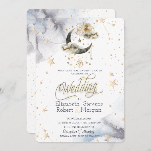 天の金ゴールドムーンスターズウォーター色 招待状 (正面/裏面)