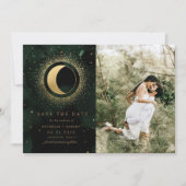 天の金ゴールドムーン2つの写真の日付保存 招待状 (正面)