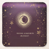 天の金ゴールド太陽と月の星ブルゴーニュ スクエアペーパーコースター (正面)