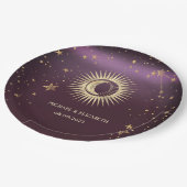 天の金ゴールド太陽と月の星ブルゴーニュ ペーパープレート (アングル)