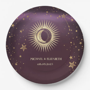 天の金ゴールド太陽と月の星ブルゴーニュ ペーパープレート