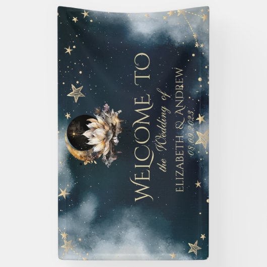 天の金ゴールド太陽と月の星蓮の夜空 横断幕 (縦)