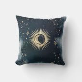 天の金ゴールド太陽、月、星の夜空 クッション (正面)