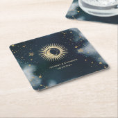 天の金ゴールド太陽、月、星の夜空 スクエアペーパーコースター (アングル)