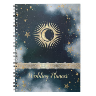 天の金ゴールド太陽、月、星の夜空 ノートブック