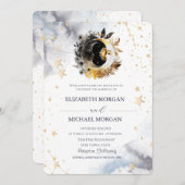 天の金ゴールド太陽、月、星の花結婚の数 招待状 (正面/裏面)