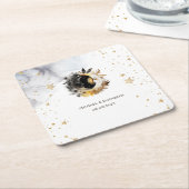 天の金ゴールド太陽、月、星の花 スクエアペーパーコースター (アングル)