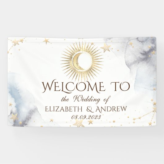 天の金ゴールド太陽，月，星 横断幕 (横)