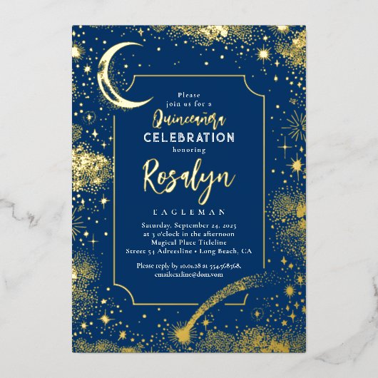 天の金ゴールド星と月の夜キンセアニェラ 箔招待状 (正面)