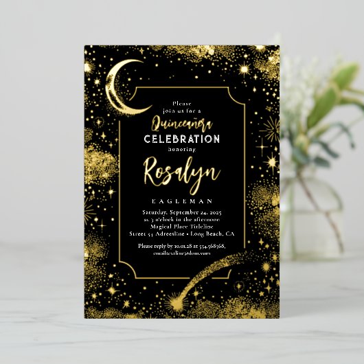 天の金ゴールド星と月の夜キンセアニェラ 箔招待状 (立ち正面)