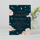天の金箔の月と星結婚の 箔招待状 (立ち正面)