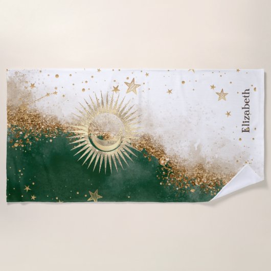 天の金色の太陽と月と星の緑 ビーチタオル (正面)