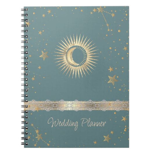 天の金色の太陽と月と星 ミントグリーン ノートブック (正面)