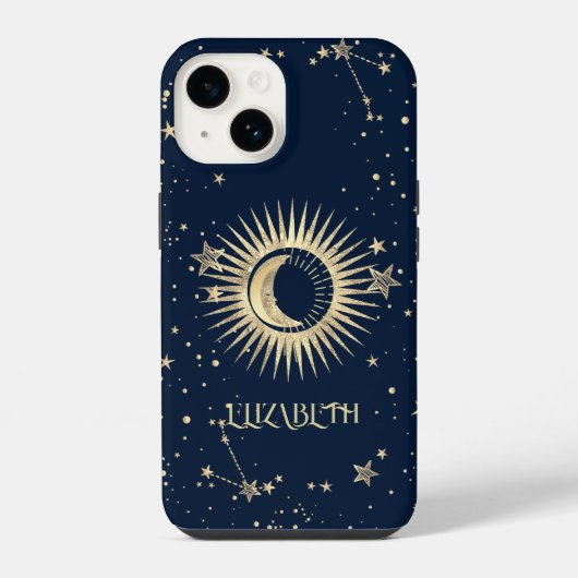 天の金色の太陽と月と星 iPhoneケース (裏面)