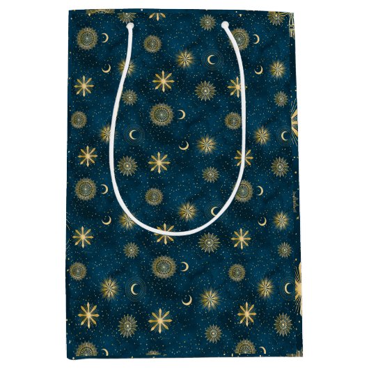 天の青と金ゴールド星空の夜の三日月 ミディアムペーパーバッグ (正面)