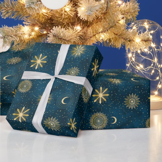 天の青と金ゴールド星空の夜の三日月 ラッピングペーパー (クリスマス)