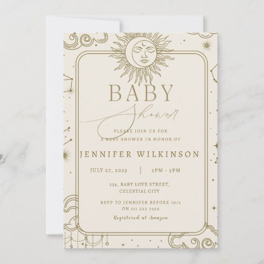 天の魔法の神秘的な月の星赤ちゃんシャワー 招待状 (正面)
