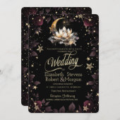 天の黄金の太陽、月、星、バラの夜空 招待状 (正面/裏面)