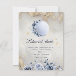 天の黄金の太陽、青い月、星、バラ 招待状