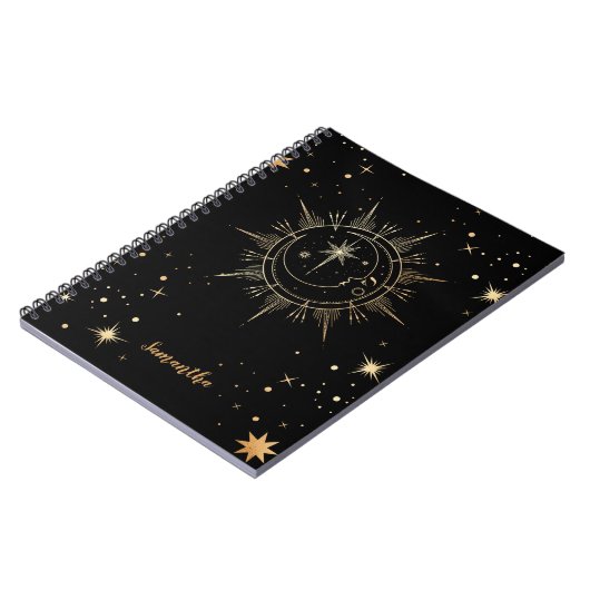 天の黒とフェイク金ゴールドの月の太陽名 ノートブック (左側)
