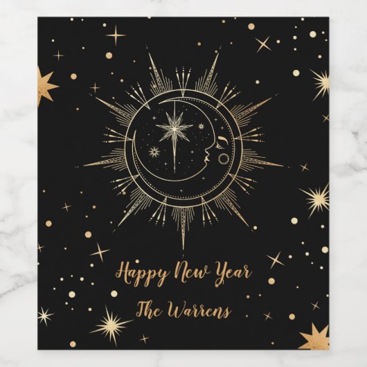 天の黒とフェイク金ゴールドの月の太陽名 ワインラベル (シングルラベル)