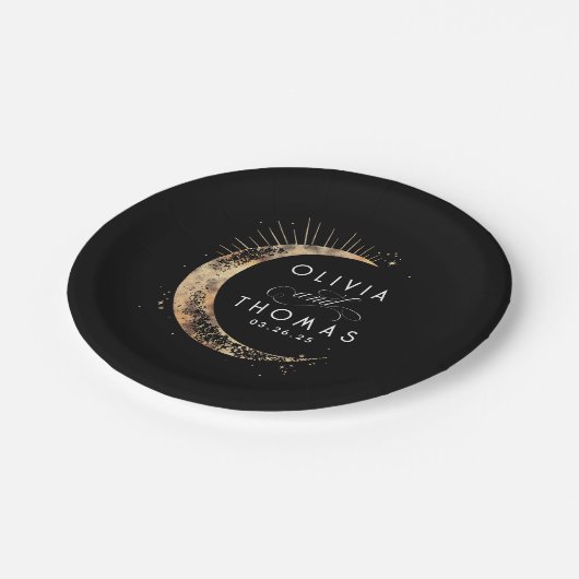 天の黒と金の神秘的なウェディング ペーパープレート (アングル)