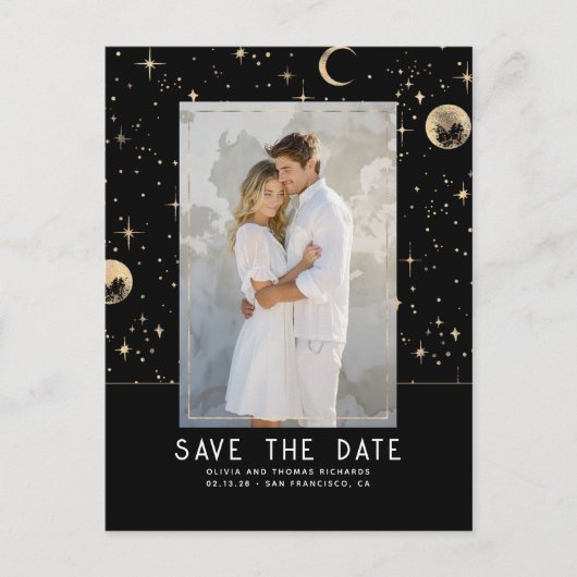 天の黒と金ゴールドの星の日付を保存 案内ポストカード (正面)