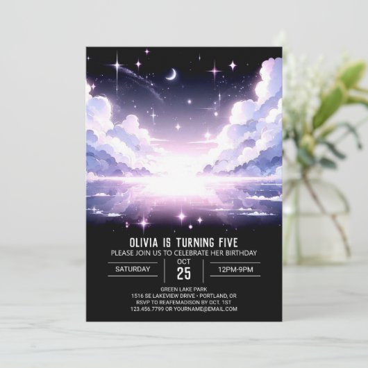 天エレガントかわいらし線デジタル誕生日 招待状 (スタンド正面)