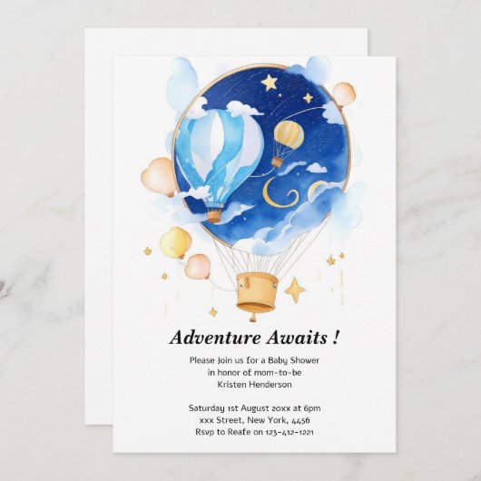 天エレガント気球の赤ちゃんシャワー 招待状 (正面/裏面)