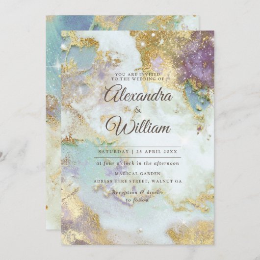 天エレガント水色モダン金ゴールド結婚 招待状 (正面/裏面)