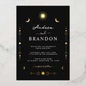 天エレガント金ゴールド月と太陽QRコード結婚 箔招待状 (正面)