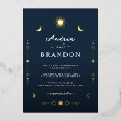 天エレガント金ゴールド月と太陽QRコード結婚 箔招待状 (正面)