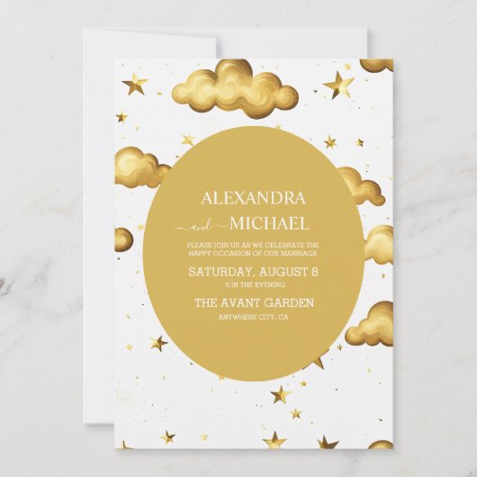 天エレガント金ゴールド月と星結婚の 招待状 (正面)