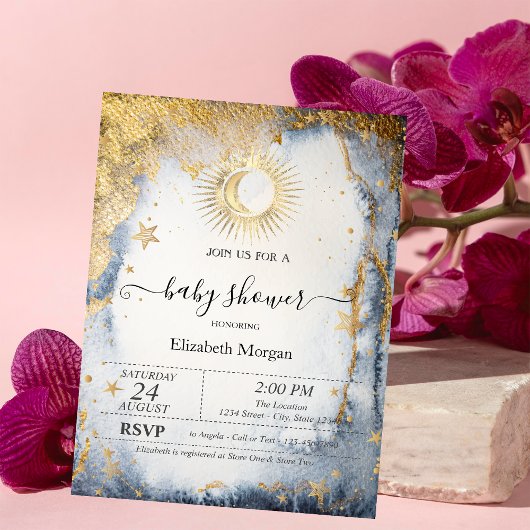 天クールの太陽、月、星の水色 招待状