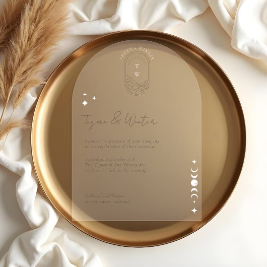 天ミニマル星ボホムーン&スターズ結婚アーチズ アクリル招待状