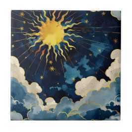 天モダンの太陽の星と青雲 タイル