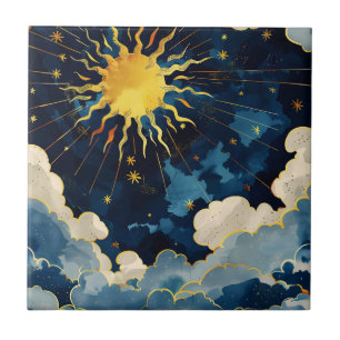 天モダンの太陽の星と青雲 タイル